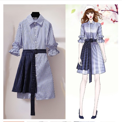 Dress Casual Korean Style Motif Garis Biru / Dress Korean / Fan Art Korean Dress