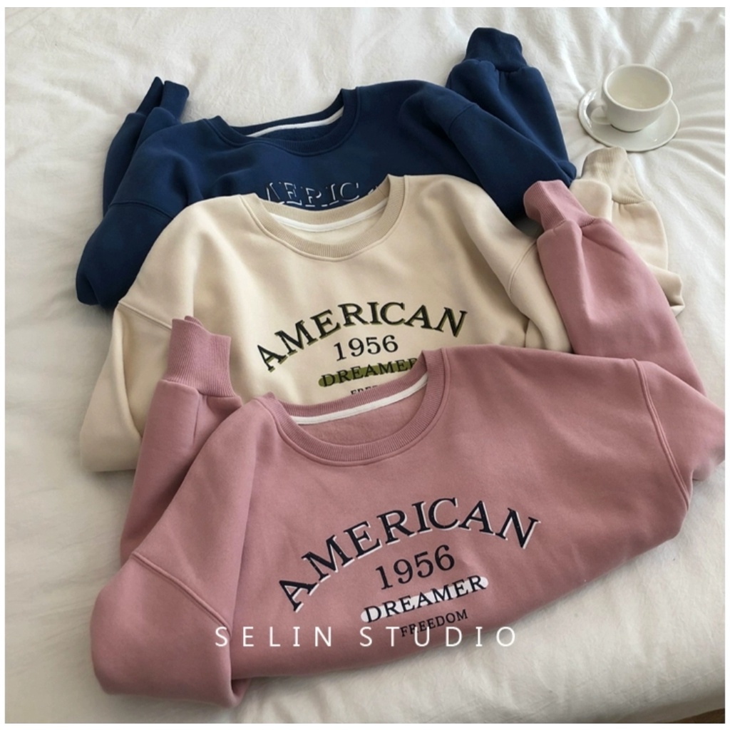 1956 AMERICAN Sweater Ala Korea Crewneck Crope Wanita Kekinian Outfit Fashion Ootd Korean Style Model Terbaru LD 110 - PB 45 - BB 40 s.d 65kg Bahan Fleece Tebal Atasan Premium