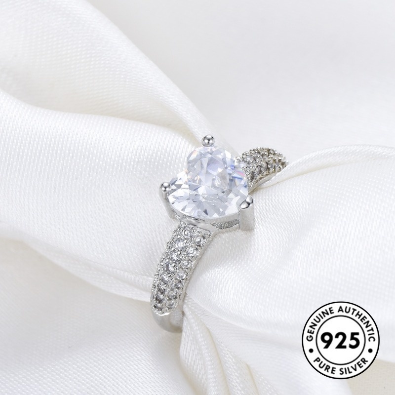 Cincin Sterling Silver 925 Bentuk Hati Aksen Berlian Untuk Wanita