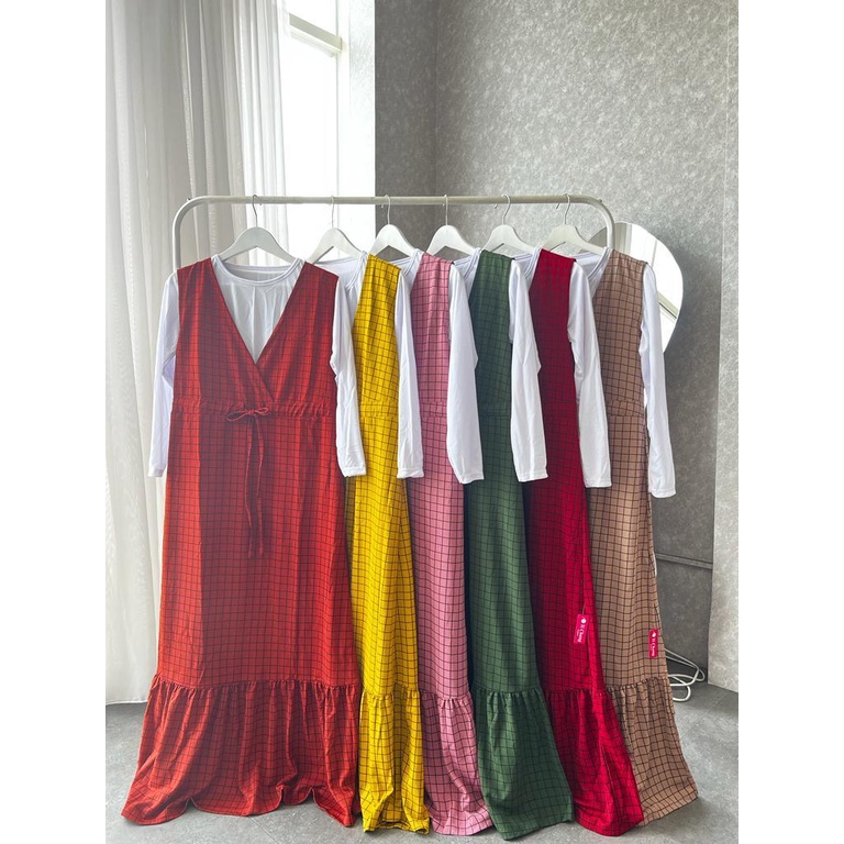 Longdress Overall Kotak Serut inner Overall Inner Serut Motif Kotak Bahan voxy