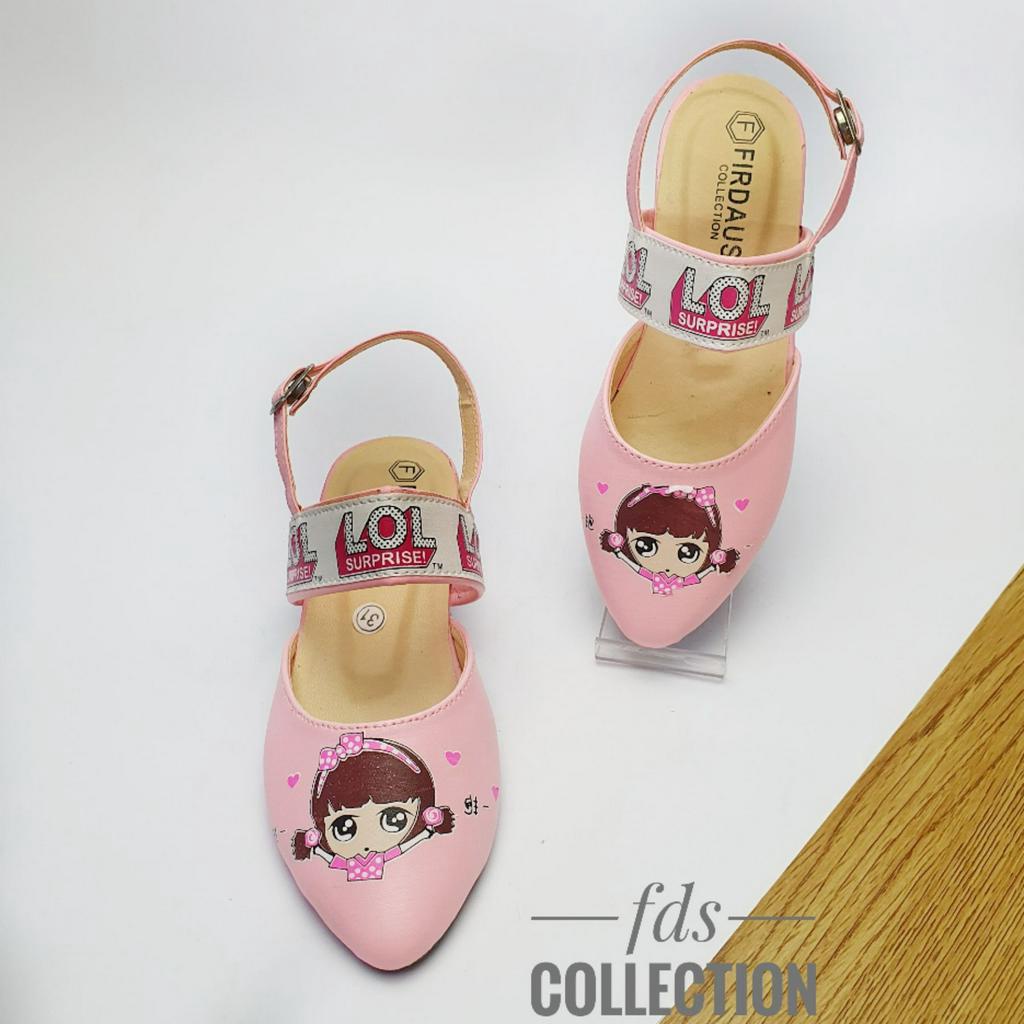 Sandal Sepatu Anak Perempuan Hak 5 cm Motif LOL Heels Selop Pesta Cewe