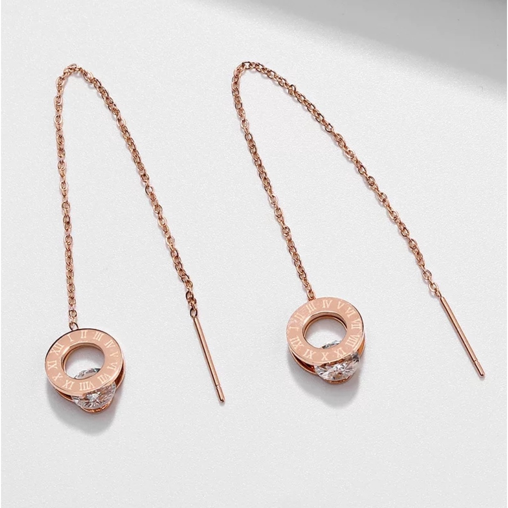 Anting Drop Titanium Rumbai Roman Bulat Angka Romawi Rose Gold, Gold dan Silver