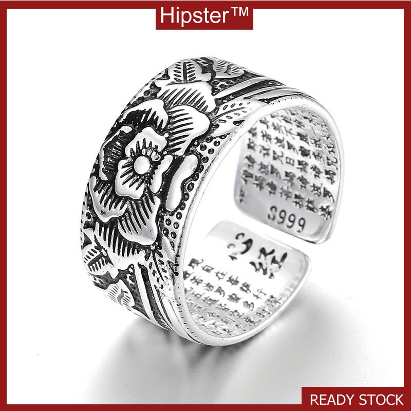 Popular Ethnic Style Features Carved Lotus Hannya Shingyo Ring