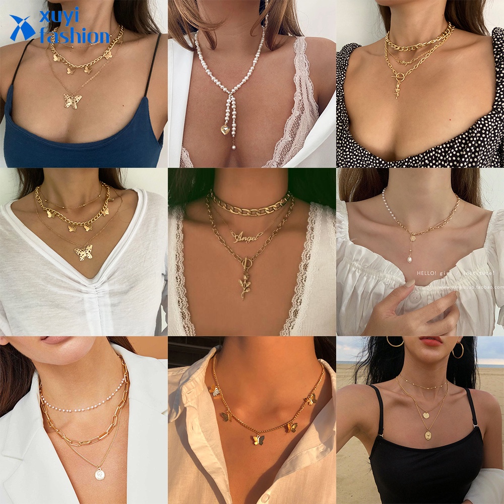 Fashion Vintage Gold Butterfly Multilayer Necklace with Bohemian Pearl Lock Clavicle Chain Necklace for Women Jewelry Accessories