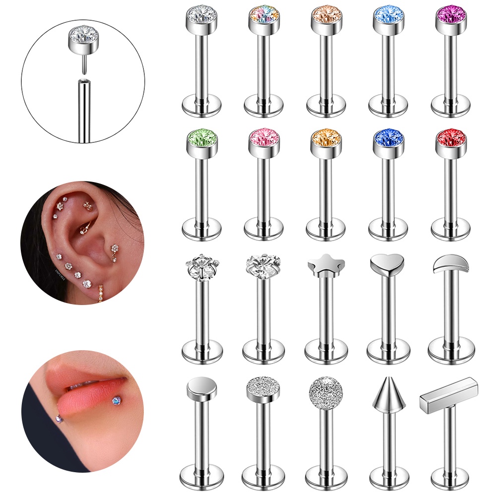 1pc Anting Stud Tindik Bibir Telinga Bentuk Hati Bintang Aksen Kristal Bahan Stainless Steel