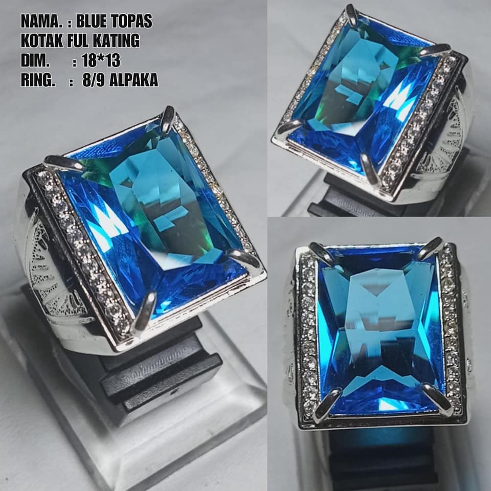 Cincin Batu Akik Blue Topaz Kristal Kotak Cutting