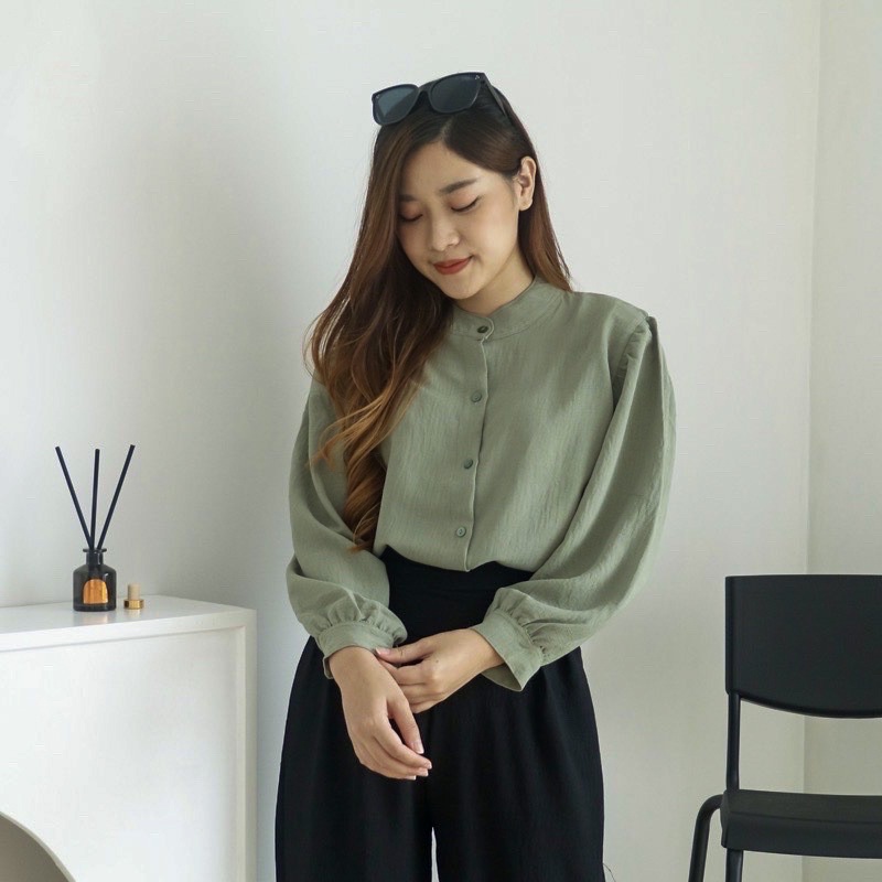 Aisa Blouse Crinkle Premium Kemeja Formal Kerja / Crinkle Blouse Shanghai-AISA SAGE AVOCADO