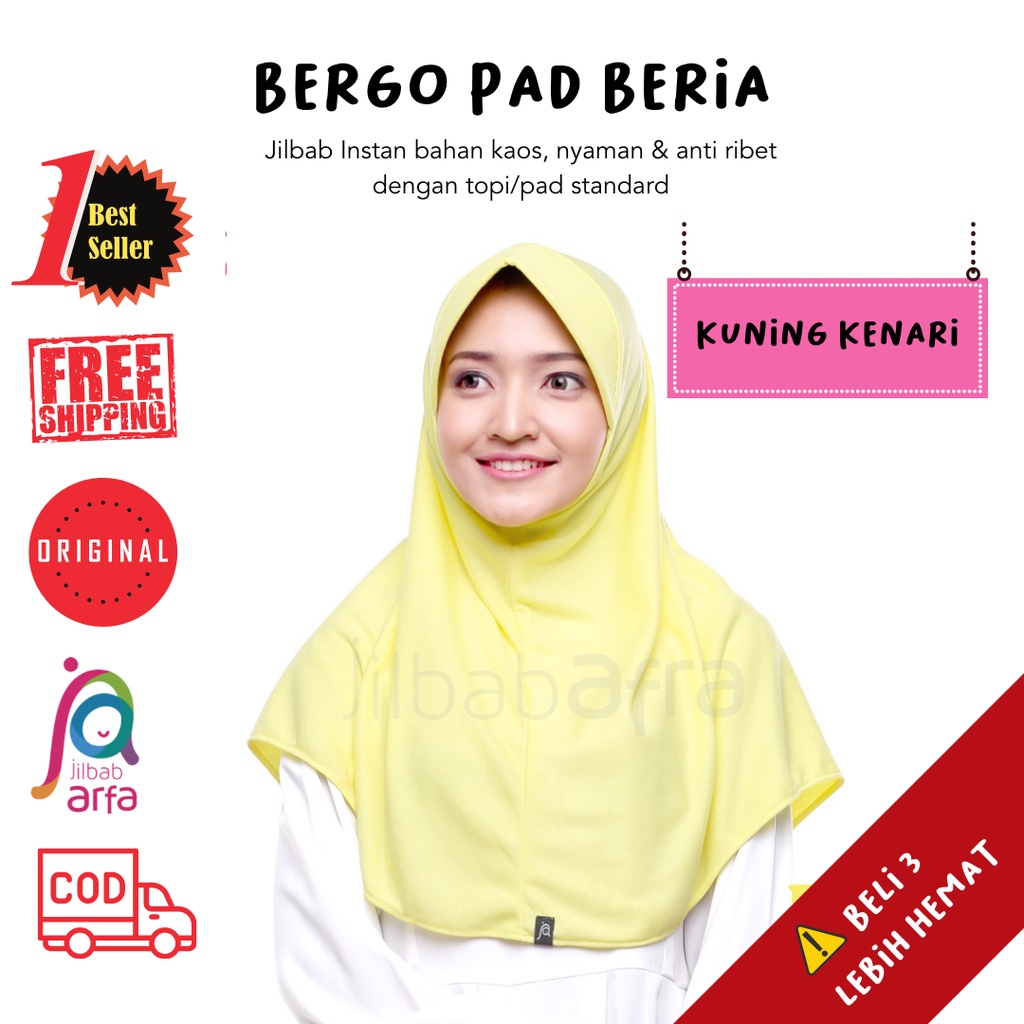 Jilbab Beria Kuning Kenari - Bergo Jilbab Afra - Hijab Instan Bahan Kaos, Adem & Lembut