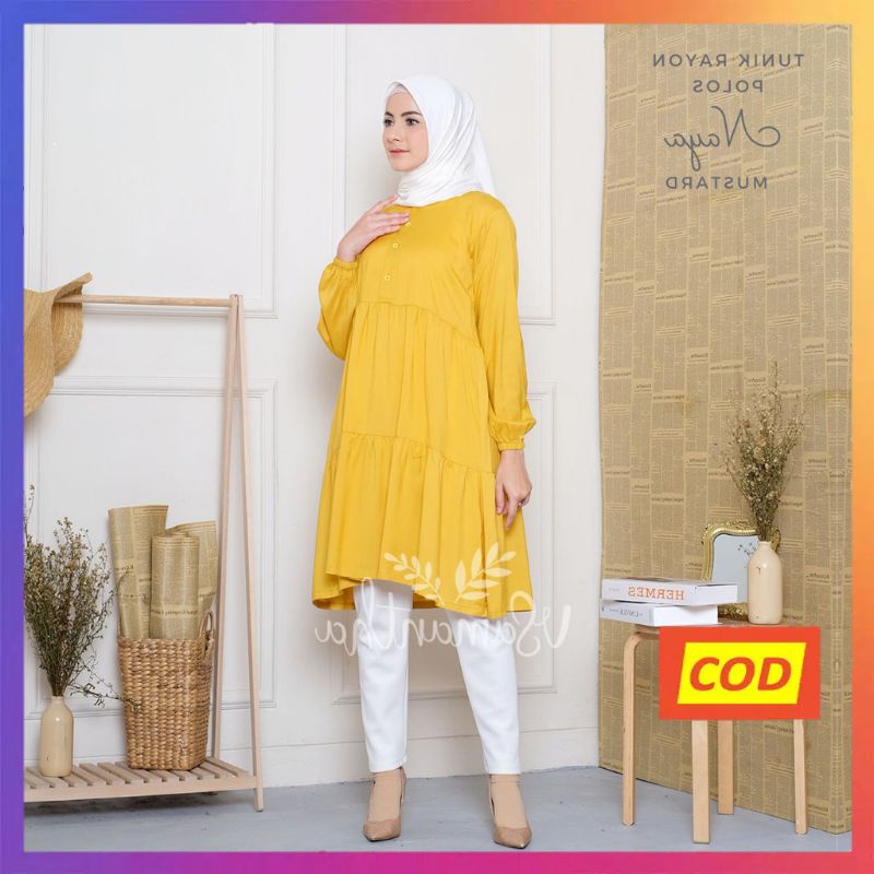 Raszi Official Tunik Muslim Polos Rempel Lengan Panjang Motif Bahan Rayon Premium Warna Mustard