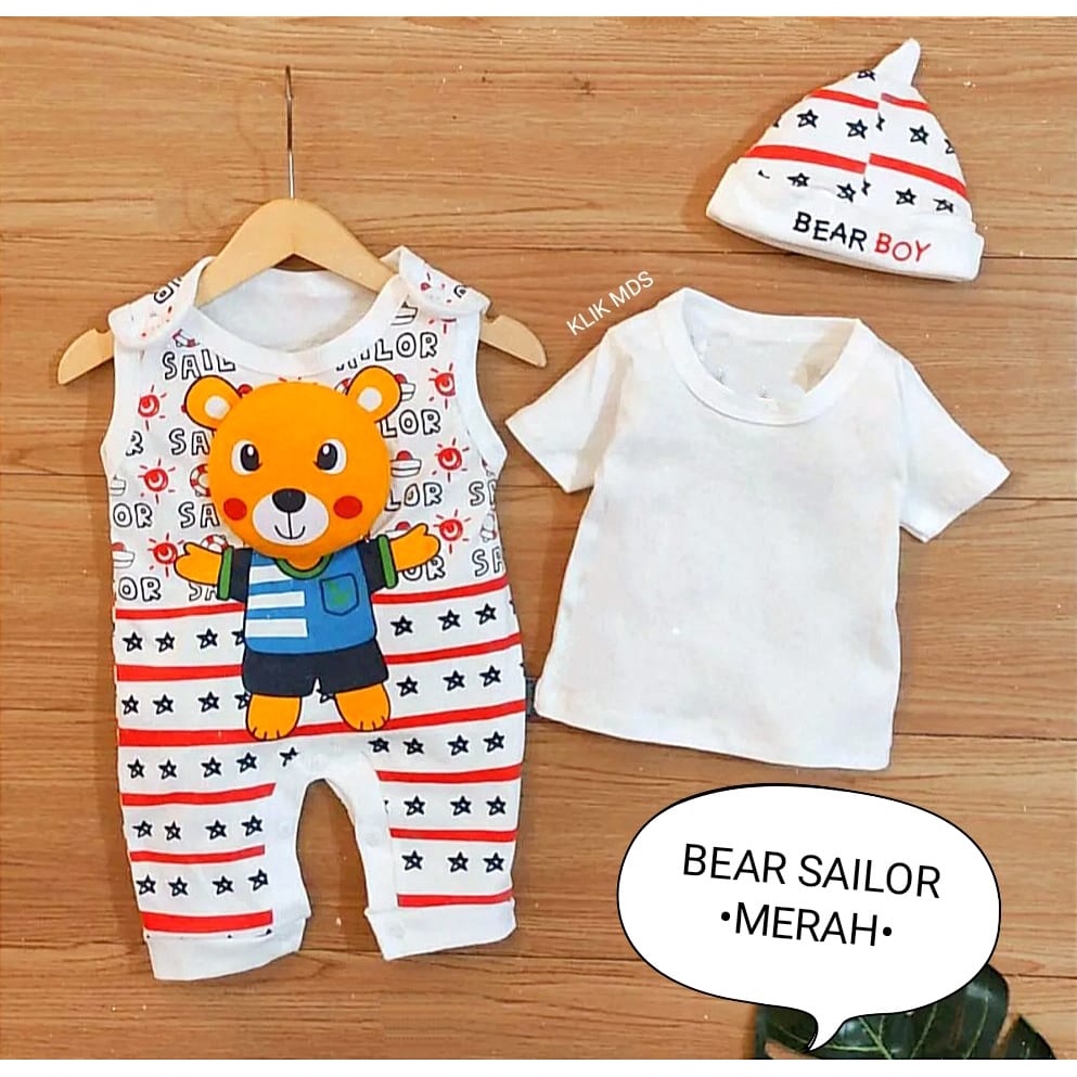 Jumper Bayi Laki-Laki 0-6 Bulan / Baju Anak Bahan Kaos Free Inner Dan Topi Motif Bear Sailor