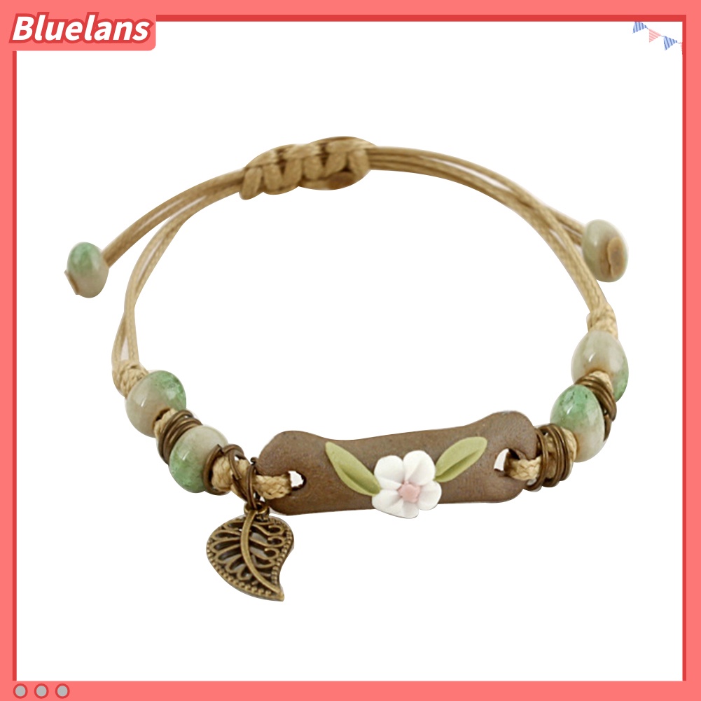 Bluelans Fashion Women Flower Leaf Porcelain Charm Woven Bracelet Adjustable Jewelry Gift