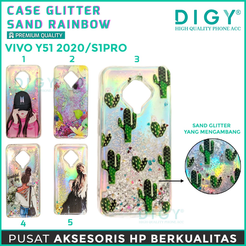 Case hp import VIVO Y51 2020 S1 PRO water Glitter Liquid Quicksand Motif cewe kaktus heart bts