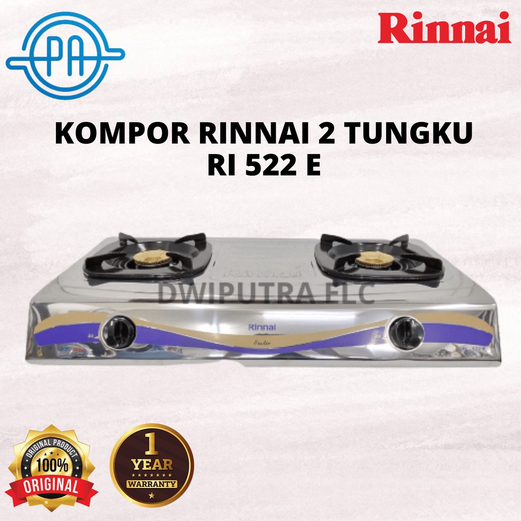 KOMPOR RINNAI 2 TUNGKU STAINLES RI522E RI 522 E / RI 522E STAINLESS GARANSI RESMI