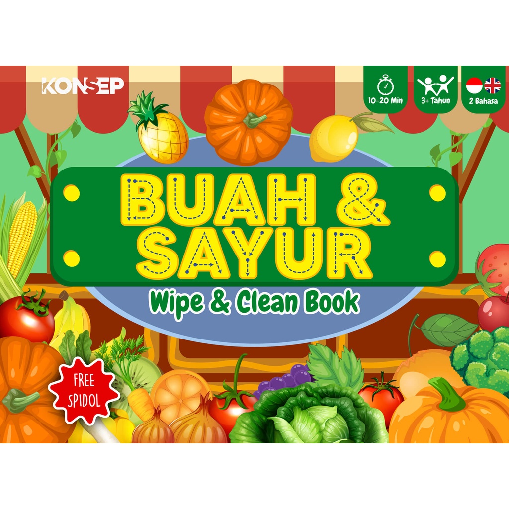 Activity Book Wipe And Clean - Seri Buah &amp; Sayur - Konsep Studio - Buku Edukasi Anak Belajar Menulis Untuk PAUD dan TK