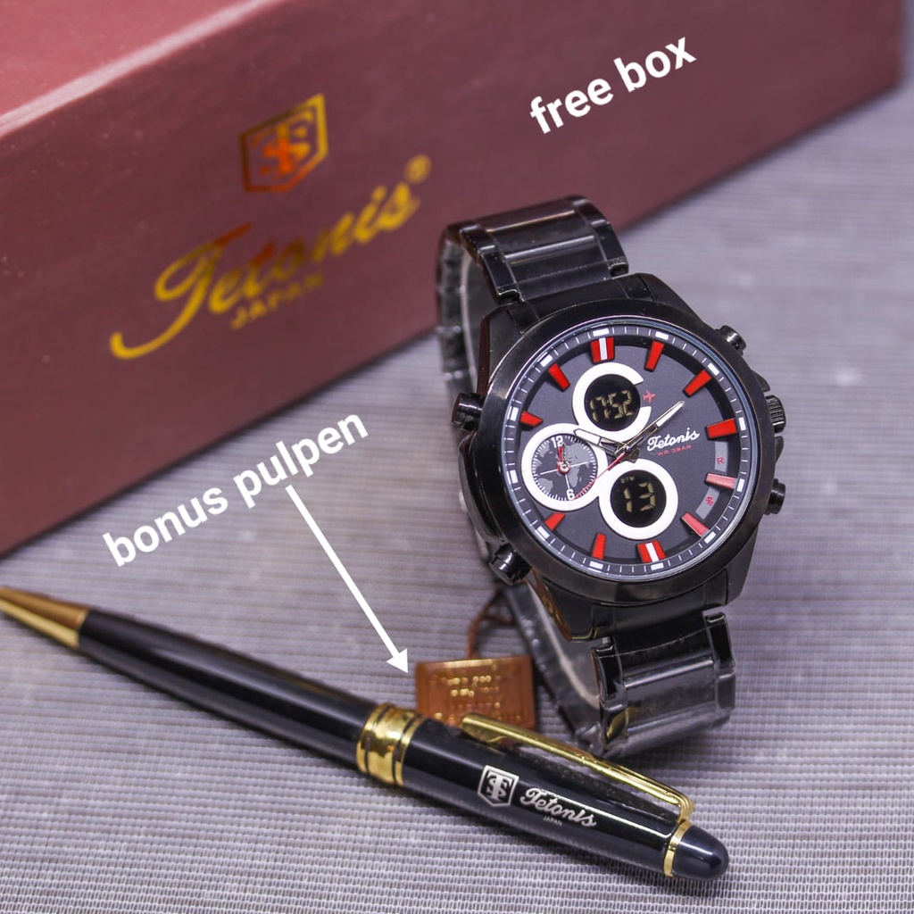 Jam Tangan Pria Tetonis Original E61852V Dual Time Tali Rantai Tanggal Hari Aktif Free Box Exclusive Pulpen &amp; Baterai