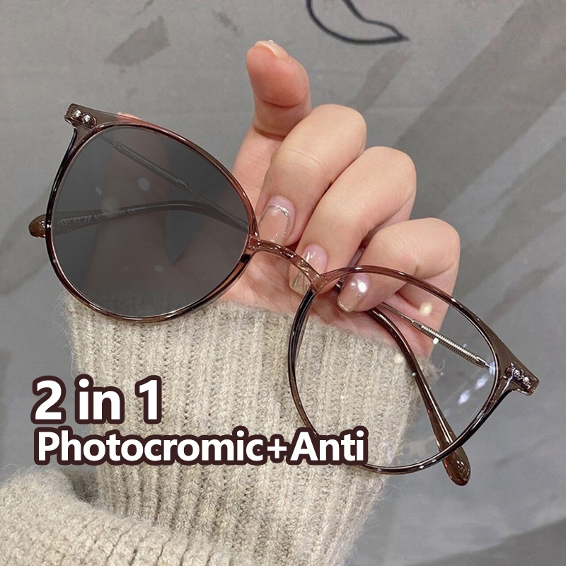 Kacamata photochromic Lensa Datar anti Radiasi Cahaya Biru Bahan Logam Gaya Retro Untuk Wanita