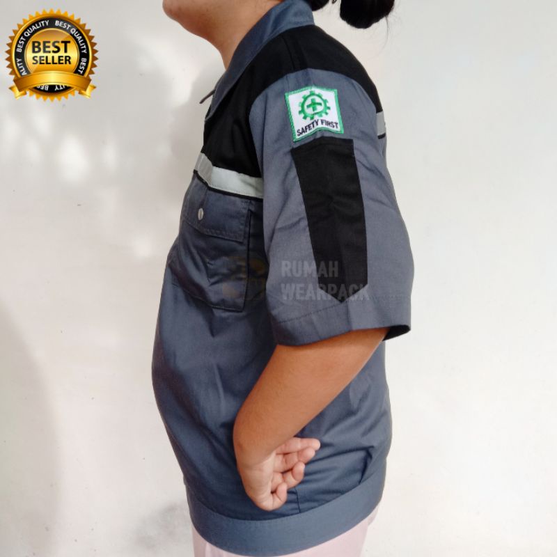 Baju Kerja/ Wearpack Proyek/ Seragam Kerja Lengan Pendek Atasan Warna Abu Tua Kombinasi Hitam