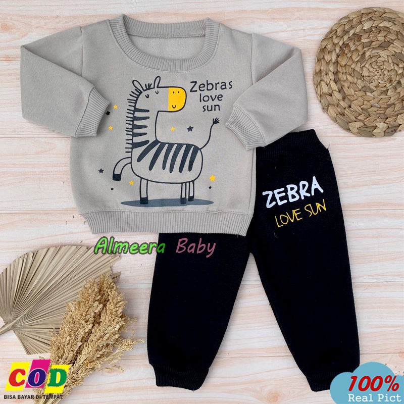 Setelan Sweater Bayi Setelan Joger Bayi Bahan Pleece Motif Zebra Usia 3-12 Bulan