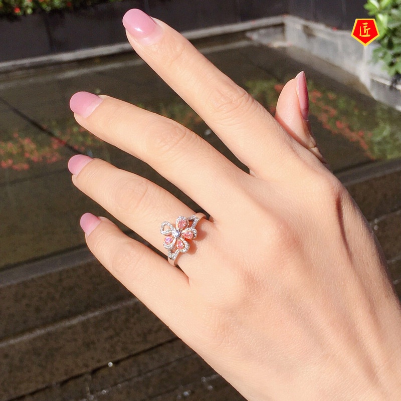 [Ready Stock]Advanced Design Micro-Inlaid Pink Diamond Five Petal Flower Ring