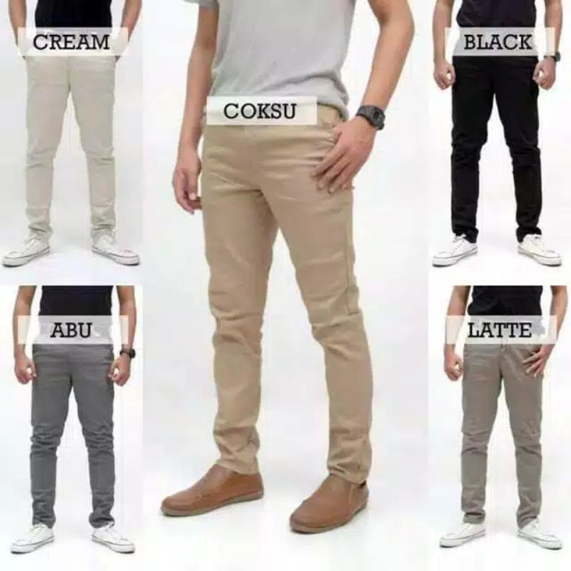 Celana Chino Panjang Pria Dewasa Slimfit Terbaru Termurah Casual Chinos Pensil Warna Hitam Moca Cream Abu Coksu Ukuran 27-38