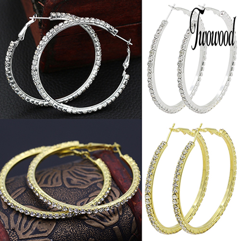 1 Pasang Anting Hoop Besar Aksen Berlian Imitasi Bahan Alloy Untuk Wanita