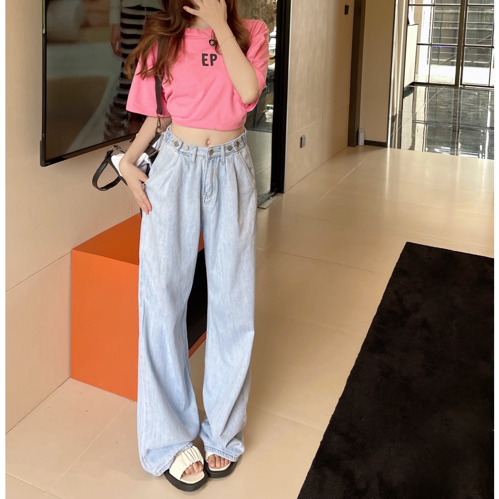 celana jeans wanita terbaru/celana panjang kaki lebar lurus longgar pants Kekinian Celana High Waist