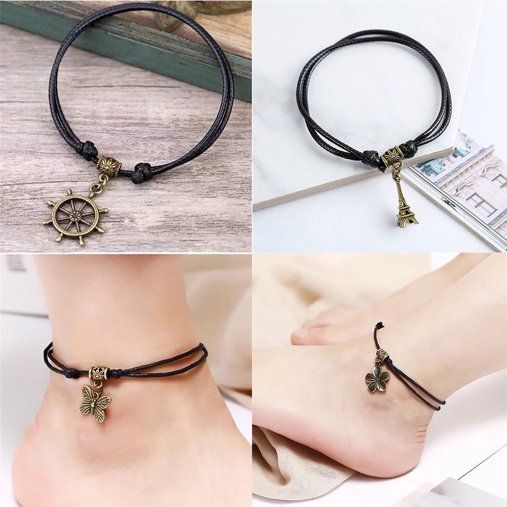 Retro Pasangan Pacar Hitam Tali Kupu-kupu Bunga Menara Liontin Gelang Kaki Gelang untuk Pria dan Wanita Bracelet