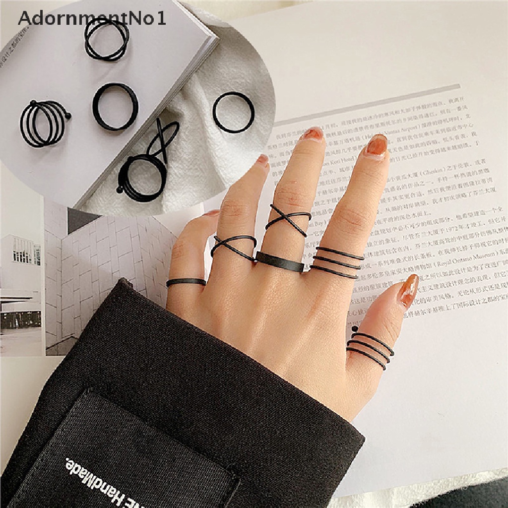 (AdornmentNo1) 3 / 6pcs / Set Cincin Vintage Gaya Punk Desain Geometri Warna Hitam Metalik Untuk Wanita