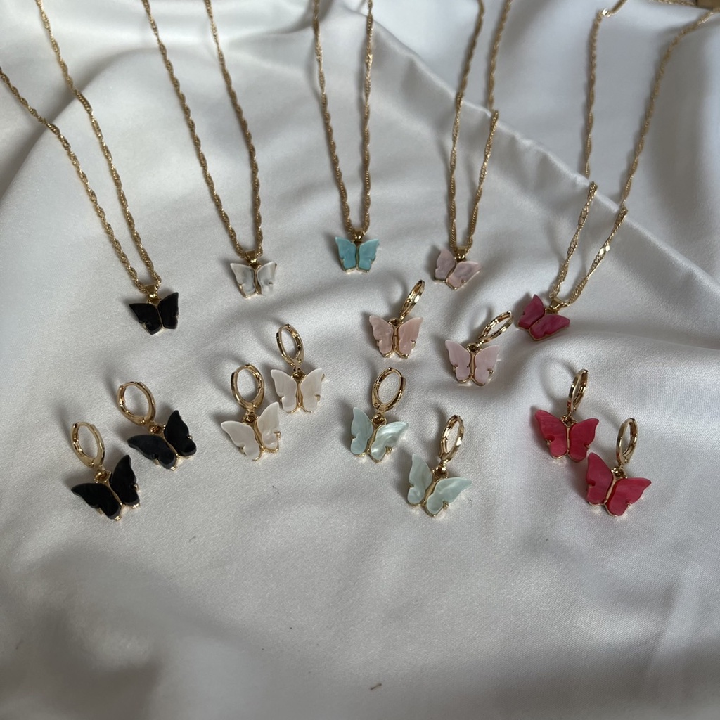 Marble Butterfly Set Necklace Earrings / Set Perhiasan / Aksesoris Wanita / Kalung Kupu / Kalung Wanita Korea / Kalung Aesthetic / Aksesoris Anting Wanita Anting Korea Murah / Fashion Earrings / Anting Kupu