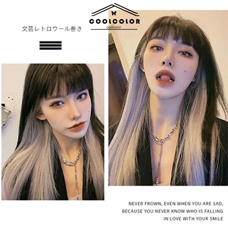 COD Rambut Panjang Lurus Warna Gradien Wanita One Piece Wig Sorot Ekstensi Rambut- cl