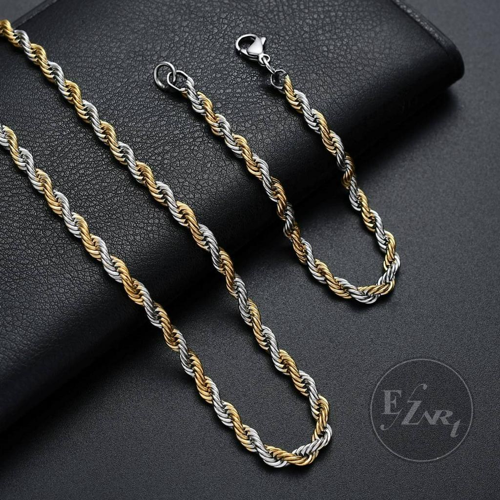 GELANG / KALUNG PRIA RANTAI TAMBANG TEBAL KOMBINASI GOLD SILVER TITANIUM STEEL ANTI KARAT HIP HOP