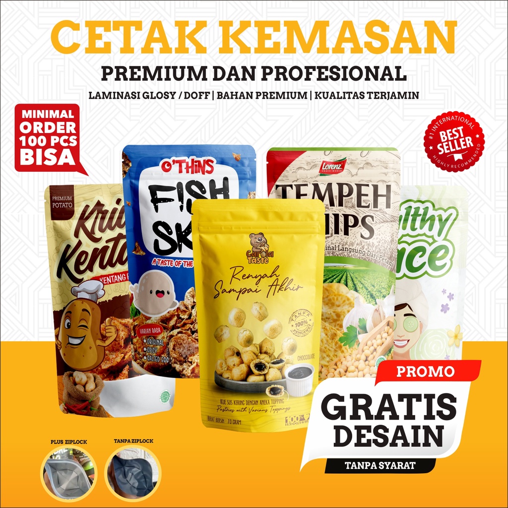 Cetak Kemasan Standing Pouch Full Printing Custom Standing Pouch Desain Gratis ziplock non ziplock u