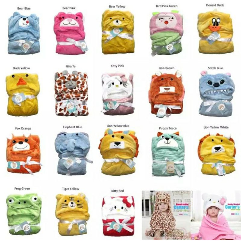 CARTER SELIMUT ANIMAL DENGAN TOPI MOTIF BINATANG - CARTER'S LOVE BABY BLANKET ANIMAL BAHAN LEMBUT