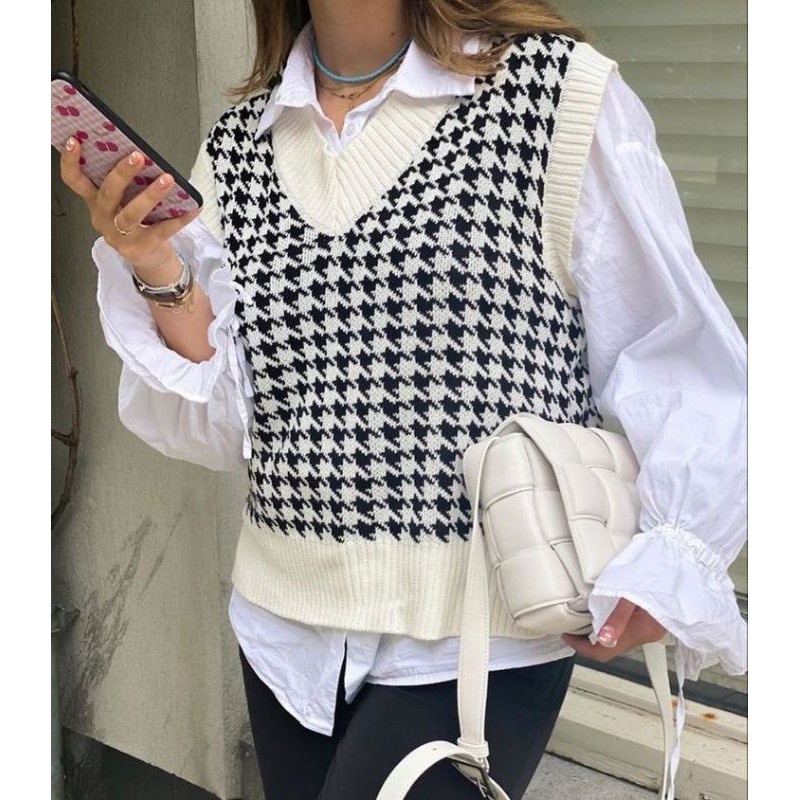rompi Houndstooth Vest / JENNIE Rajut VEST WANITA KOREA