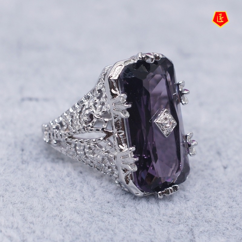 [Ready Stock]Fashion Personality Inlaid Chamfered Rectangular Amethyst Ring Exquisite