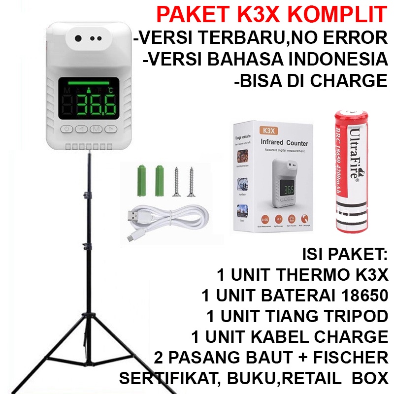 PAKET LENGKAP K3X + TRIPOD + BATERAI BS DI CHARGE thermometer infrared termometer tanpa sentuh gantu