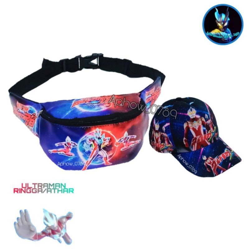 2in1 tas ultraman / waistbag anak / topi anak cowok