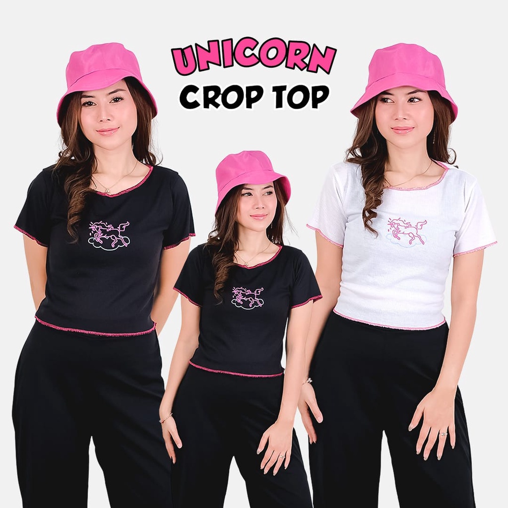 BEFAST - ZEC OOTD Wanita Kaos Oversize Crop ADTHA / Unicorn Kriwil RIB Crop Top / Kaos Crop Kekiniaan Remaja Wanita / Tshirt Lengan Pendek / Crop Top Motif / Kaos Santai Termurah / Trendy