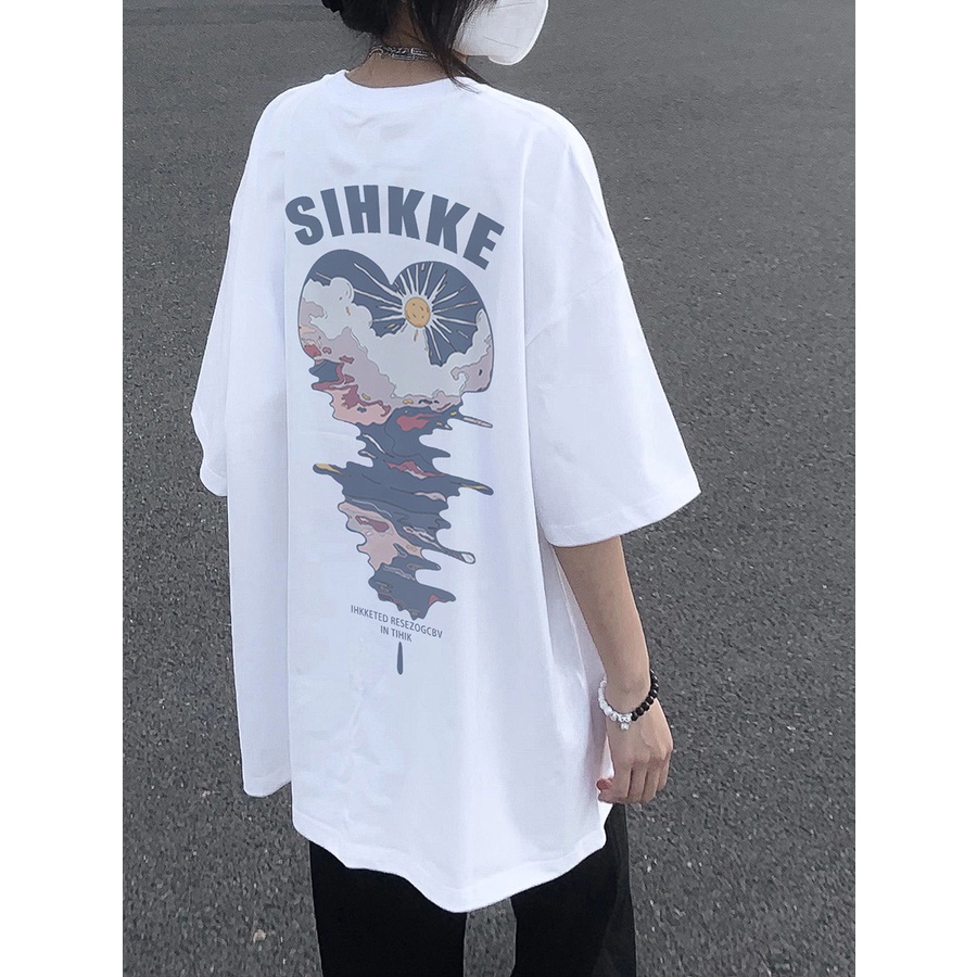 EUNII T-shirt Lengan Pendek Berbentuk Hati Retro Pencetakan Longgar Korean Style/Kaos Atasan Wanita/Baju Kaus Oversize Wanita