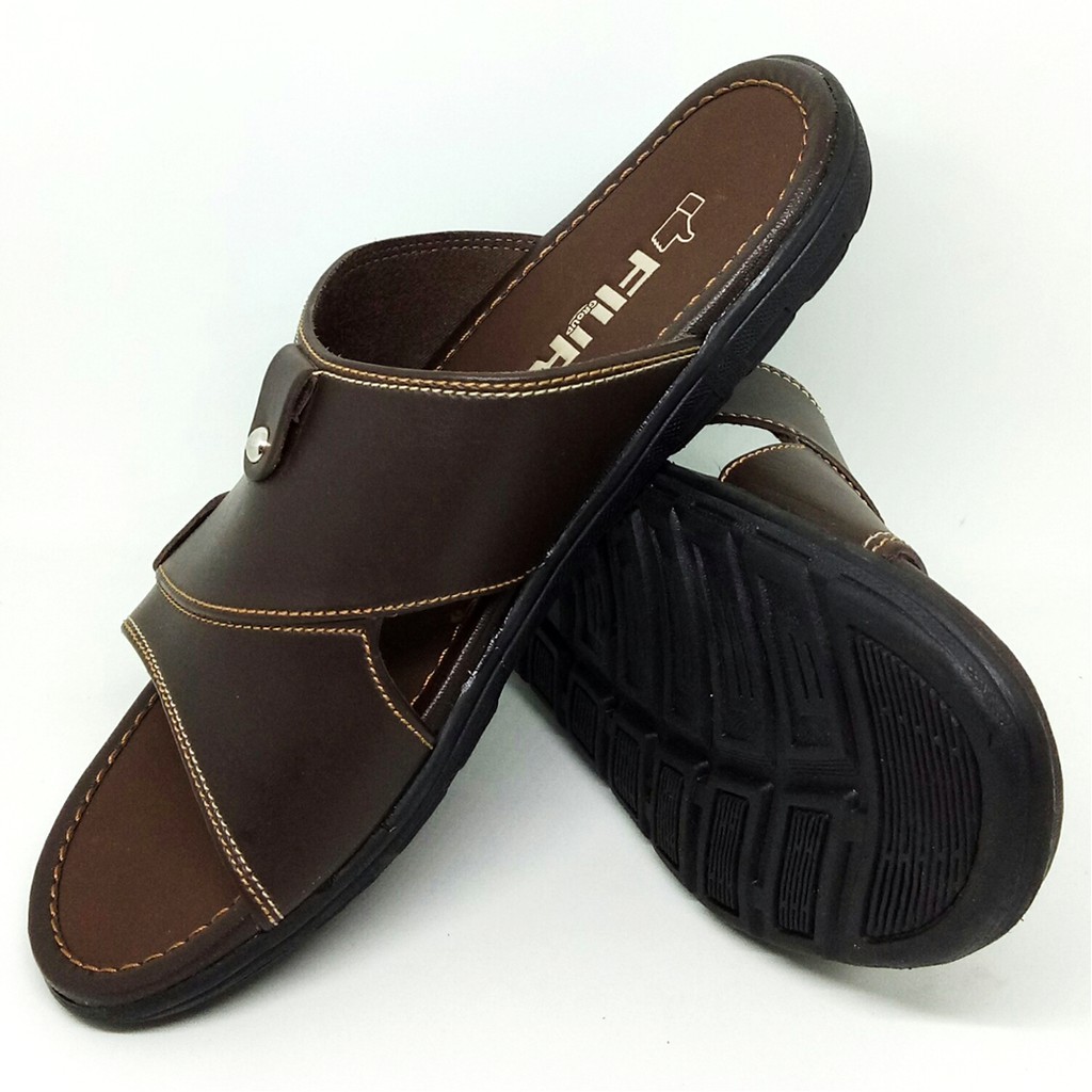 FIURI - Sandal Pria Single Slip On Coklat - Sendal Jepit Japit Kulit Selop Cowok Laki-Laki