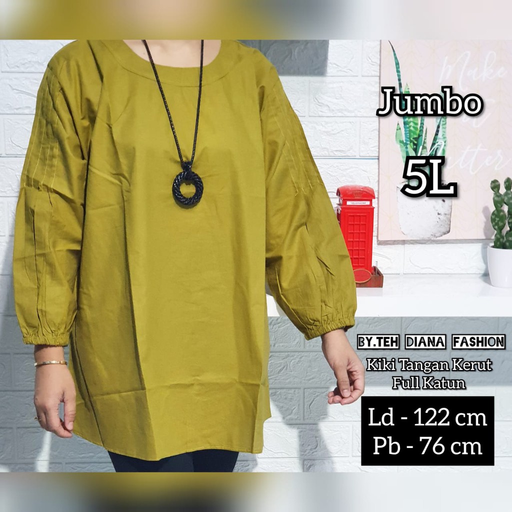 Baju Atasan Wanita Jumbo / Blouse Wanita Jumbo / Atasan Wanita Jumbo Model Kiki Tangan Kerut Full Katun Ld 122-Hijau Avocado