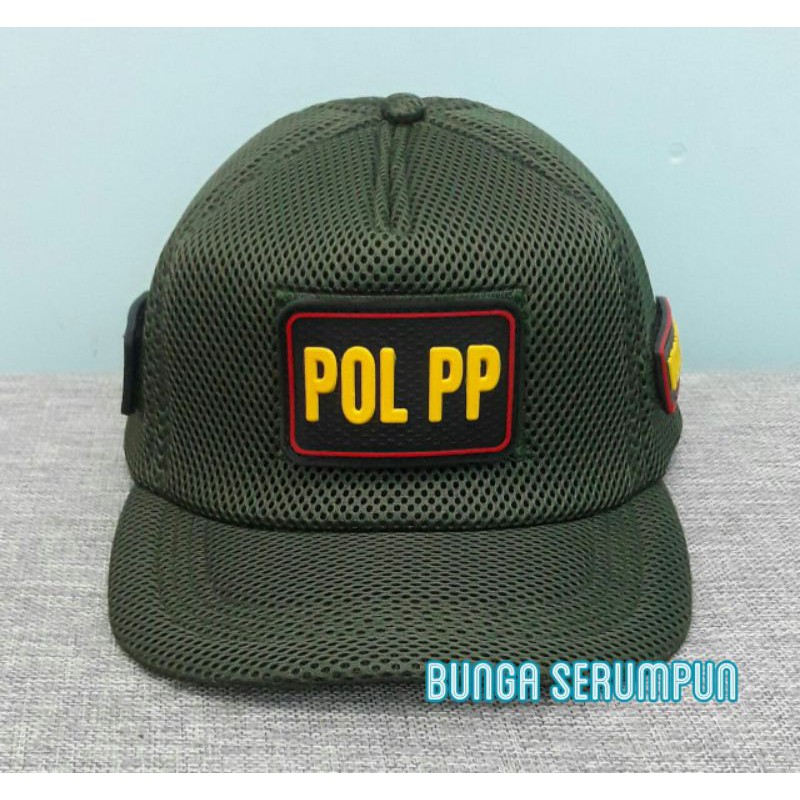 TOPI POL PP HIJAU ARMY - TOPI POL PP HIJAU ARMY 3PATCH JARING VELCRO - TOPI SATPOL PP JARING VELCRO