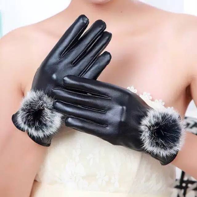 WOMAN WINTER AUTUMN GLOVES PU LEATHER POMPOM SARUNG TANGAN WANITA MUSIM DINGIN