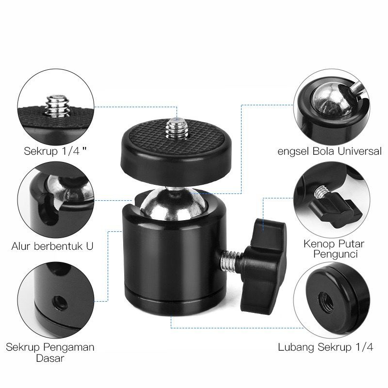 Mini Ballhead / Ball Head for Tripod Camera DSLR - Ring Light 360