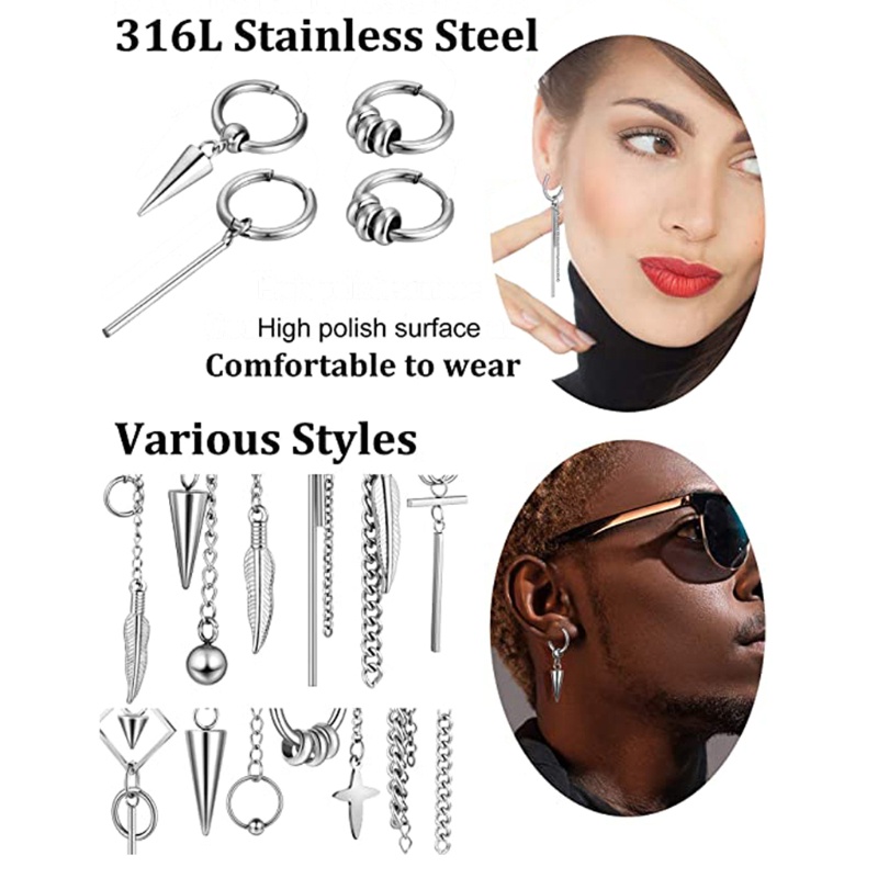 SIY  20 Pieces Cool Stainless Steel Huggie Hinged Hoop Earrings Kpop Hoop Dangle Earrings for Women Men Fashion Jewelry