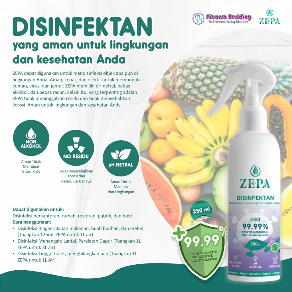 Disinfektan Spray Cair NON ALKOHOL 500ml ZEPA Original / Desinfektan Food Grade HOCl ZEPA / Hocl