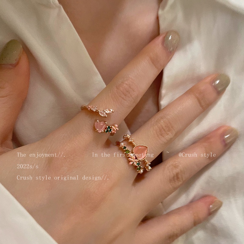 Set Perhiasan Cincin Adjustable Desain Bunga Hati Kristal Mutiara Warna Pink Untuk Wanita