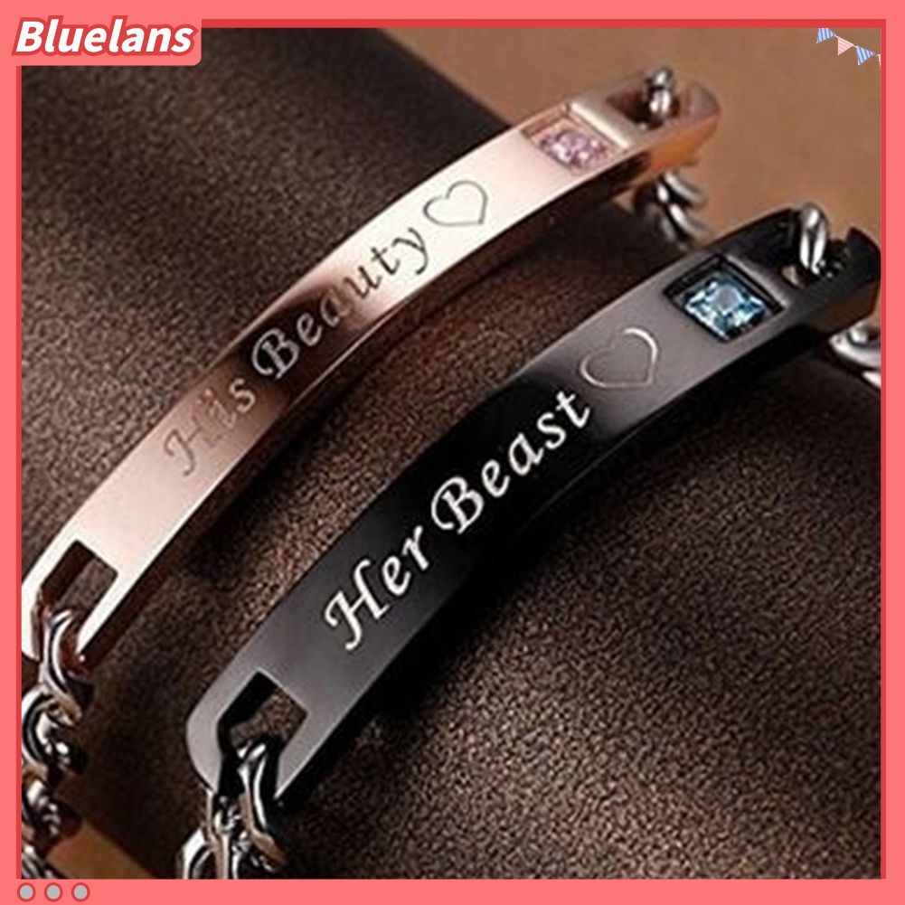 Gelang Pasangan Bahan Titanium Steel Motif Tulisan Her Beast King His Beauty Queen