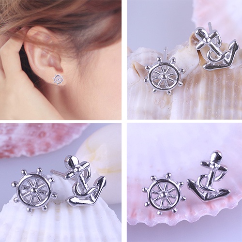 Hu Hu Hu Hu Hu Alat Bantu Pasang Kacamata♡ Anting Tusuk Asimetris Model Jangkar / Kemudi Kapal Warna Silver Untuk Wanita