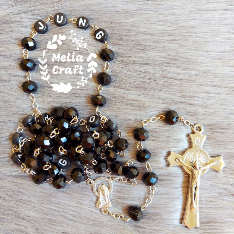 Rosario Nama Kristal Hitam Putih Salib Benediktus